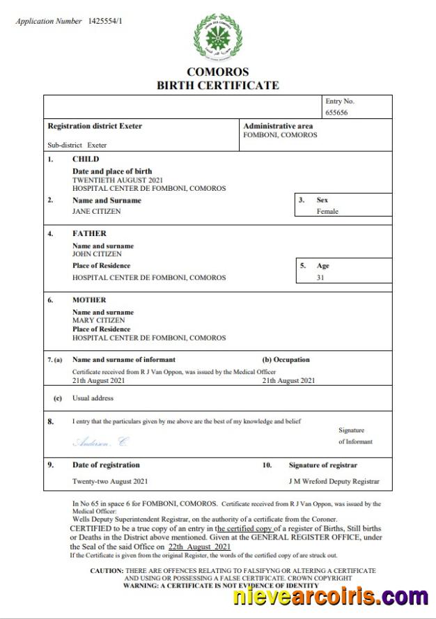 Comoros birth certificate